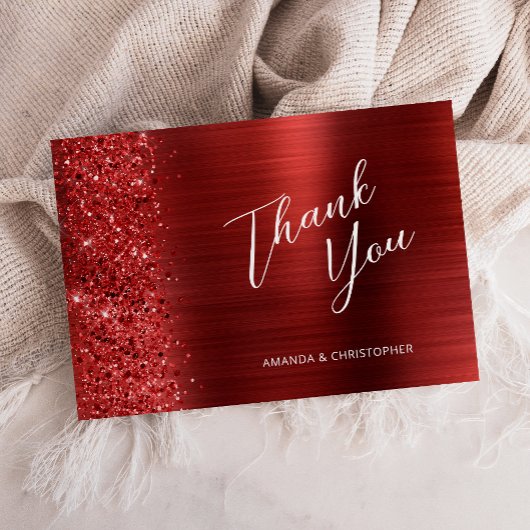 Glam Red Brushed Metal Wedding Flat Thank You カード