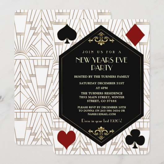 Glam Roaring 1920s Casino Gambling New Year Party 招待状 (正面/裏面)