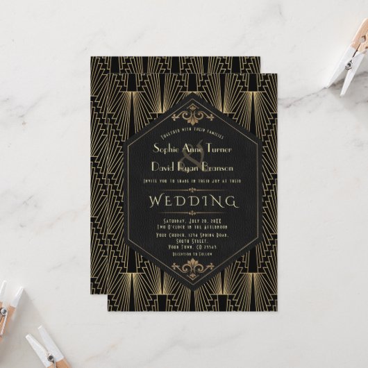 Glam Roaring 20s Great Gatsby Art Deco Wedding 招待状 (正面/裏面インサイチュ)