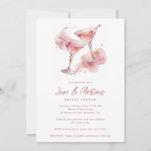 Glam Romantic Pink Martini Glasses Bridal Shower 招待状 (正面)