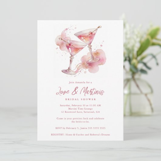 Glam Romantic Pink Martini Glasses Bridal Shower 招待状 (スタンド正面)