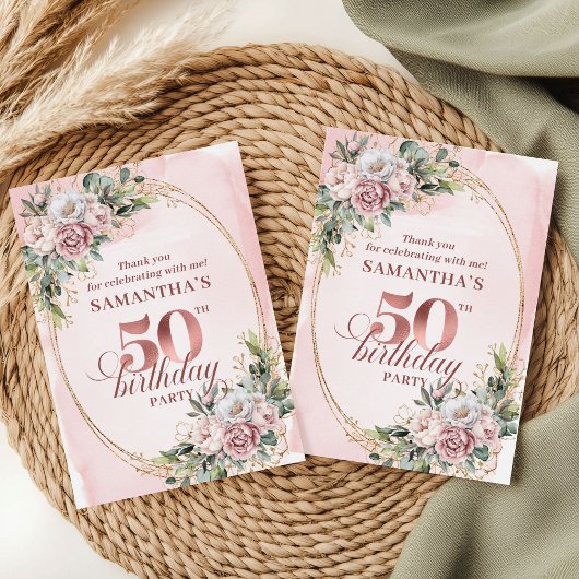 Glam Rose Gold Blush Floral 50 Birthday Thank You サンキューカード