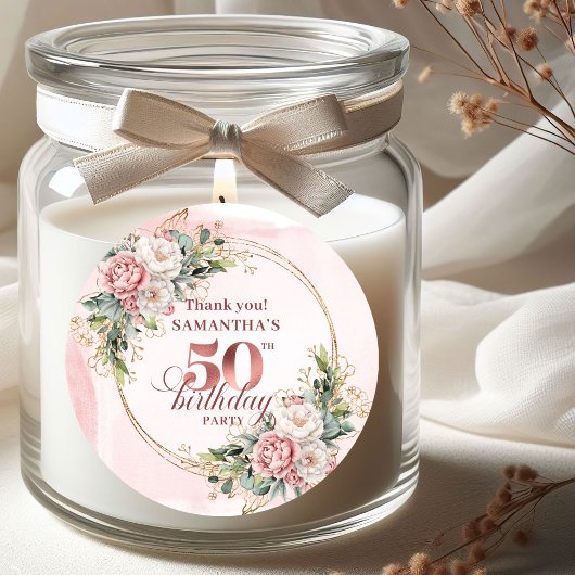 Glam Rose Gold Blush Floral 50th Birthday Party  ラウンドシール