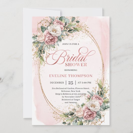 Glam Rose Gold Glitter Bridal Shower Invitation 招待状 (正面)