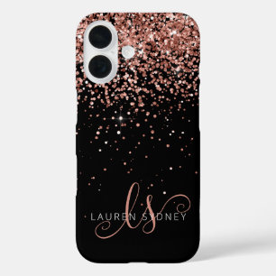 Glam Rose Gold Glitter Elegant Monogram iPhone 16ケース