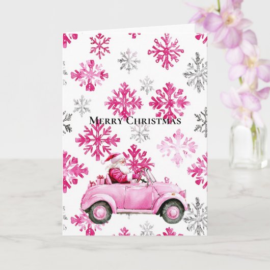 Glam Santa Pink Car Christmas Snowflakes カード (蘭)