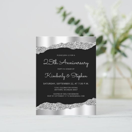 Glam Silver Black 25th Anniversary Invitation ポストカード (スタンド正面)