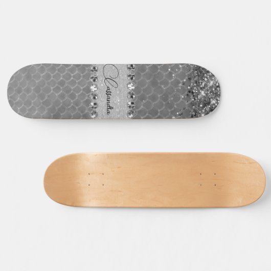 Glam Silver Glittery Diamond Bling Skateboard スケートボード (横)