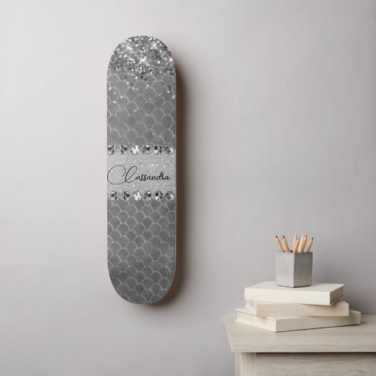 Glam Silver Glittery Diamond Bling Skateboard スケートボード (ウォールアート)