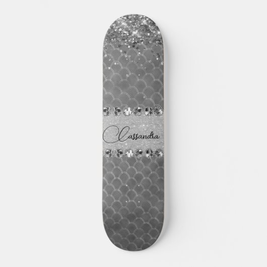 Glam Silver Glittery Diamond Bling Skateboard スケートボード (正面)