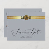 Glam Silver & Metallic Gold Monogram Save the Date ポストカード (正面/裏面)