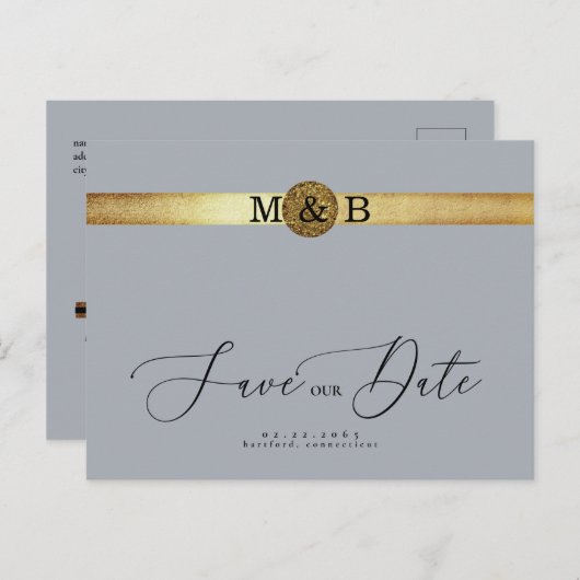 Glam Silver & Metallic Gold Monogram Save the Date ポストカード (正面/裏面)