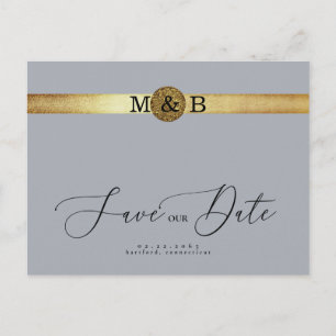 Glam Silver & Metallic Gold Monogram Save the Date ポストカード