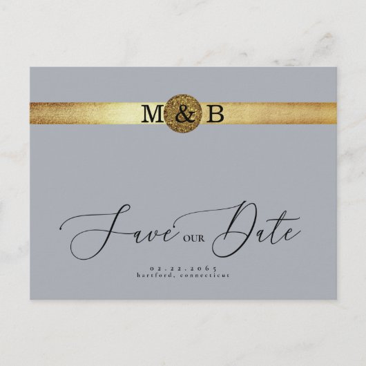 Glam Silver & Metallic Gold Monogram Save the Date ポストカード (正面)