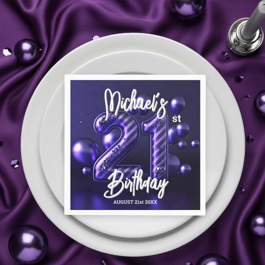 Glam Sparkling Purple Metallic 21st Birthday スタンダードカクテルナプキン