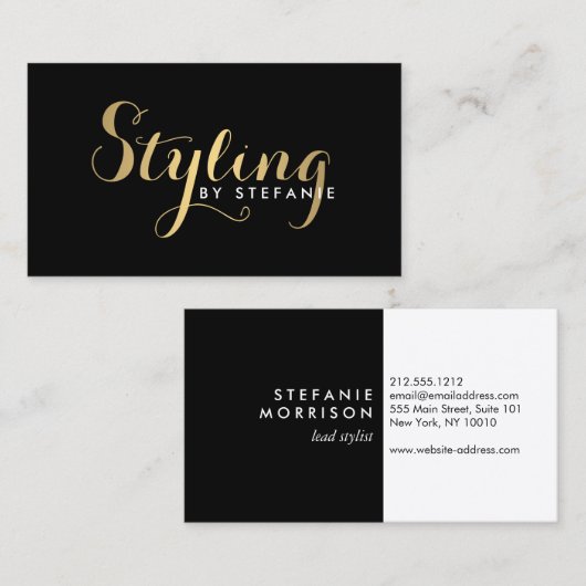 Glam Stylistスクリプト文字金ゴールド/ブラック名刺 名刺 (正面/裏面)