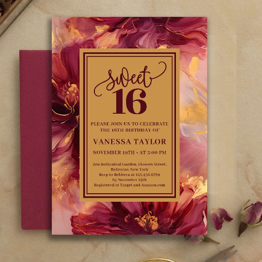Glam Sweet 16 Burgundy Gold Watercolor Invitation 招待状