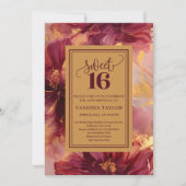 Glam Sweet 16 Burgundy Gold Watercolor Invitation 招待状 (正面)