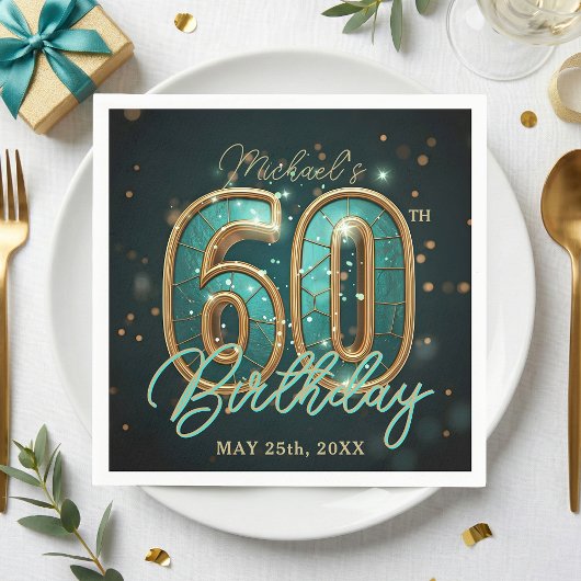 Glam Teal and Gold Elegant 60th Birthday Party スタンダードカクテルナプキン