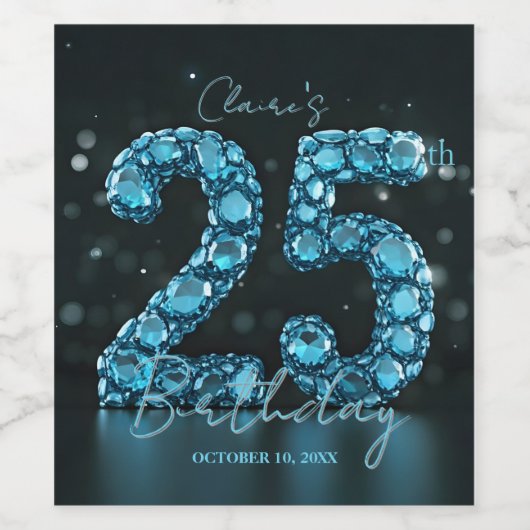Glam Teal Blue 3D Bubble Gems 25th Birthday ワインラベル (シングルラベル)