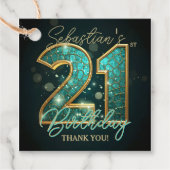 Glam Teal Blue Gold Agate Mosaic 21st Birthday フェイバータグ (正面)