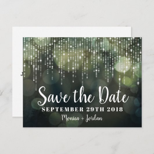Glam White Fairy Lights黒い緑の日付を保存 案内ポストカード (正面/裏面)