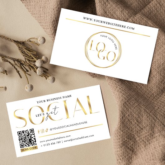 Glam White & Gold Let's Get Social Media QR Code 名刺