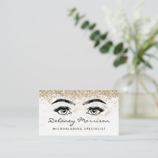 Glam White Gold Marble Eyes QR Code Microblading 名刺 (スタンド正面)
