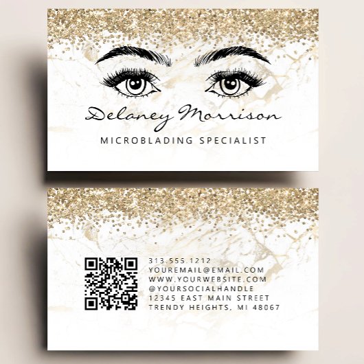Glam White Gold Marble Eyes QR Code Microblading 名刺