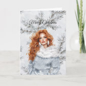 Glam Woman Red Hair Silver Christmas Tree Branches カード (正面)
