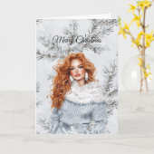Glam Woman Red Hair Silver Christmas Tree Branches カード (黄色い花)