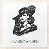 Glam Woman with Cat Fashion Illustration ガラスコースター (正面)