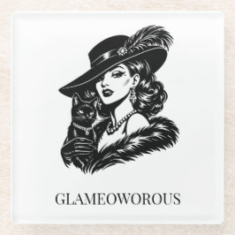 Glam Woman with Cat Fashion Illustration ガラスコースター