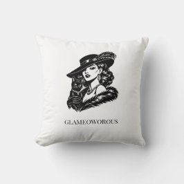 Glam Woman with Cat Fashion Illustration クッション