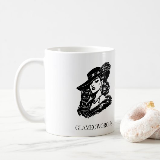 Glam Woman with Cat Fashion Illustration コーヒーマグカップ (ドーナツ)