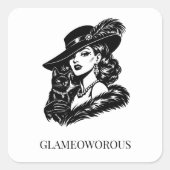 Glam Woman with Cat Fashion Illustration スクエアシール (正面)