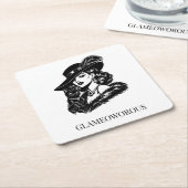 Glam Woman with Cat Fashion Illustration スクエアペーパーコースター (アングル)