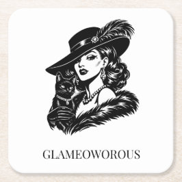 Glam Woman with Cat Fashion Illustration スクエアペーパーコースター