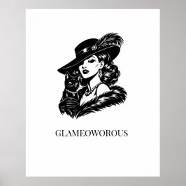 Glam Woman with Cat Fashion Illustration ポスター