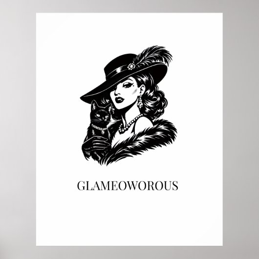 Glam Woman with Cat Fashion Illustration ポスター (正面)