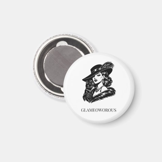 Glam Woman with Cat Fashion Illustration マグネット (正面/裏面)
