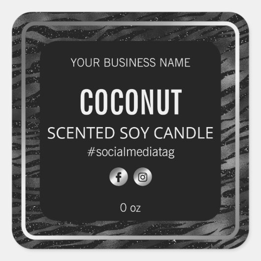 Glam Zebra印刷ブラックおよびシルバー製品ラベル スクエアシール (正面)