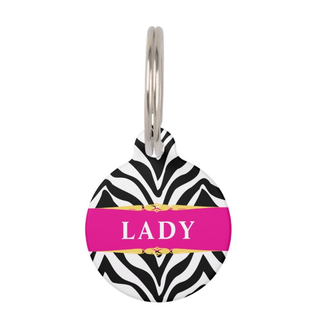 Glam Zebra Print and Hot Pink Personalized ペット　ネームタグ (正面)