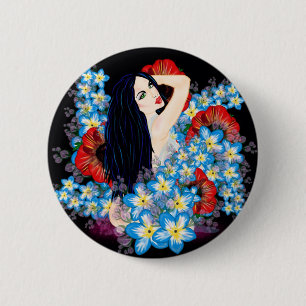 Glamor Model in Poppy flower bed, ART by LeahG 缶バッジ
