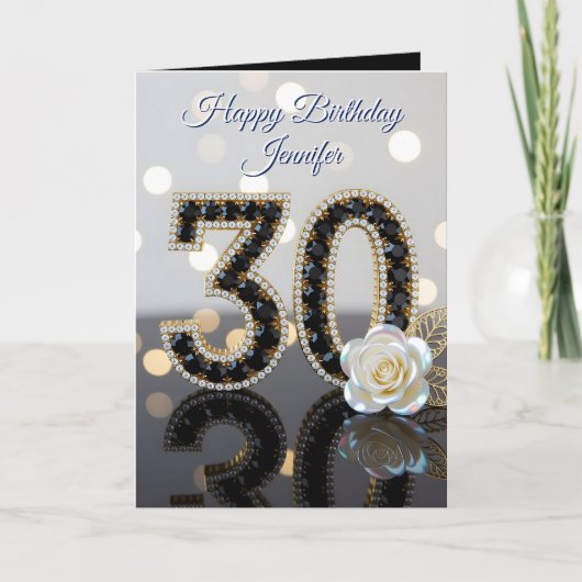 Glamorous 30th Birthday Black Diamonds White Rose  カード (正面)