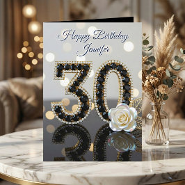 Glamorous 30th Birthday Black Diamonds White Rose  カード