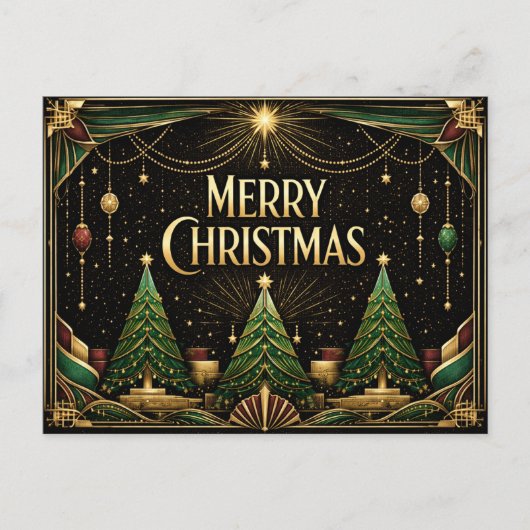 Glamorous Art Deco Merry Christmas Trees シーズンポストカード (正面)