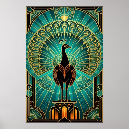 Glamorous Art Deco Peacock Teal & Gold ポスター (正面)