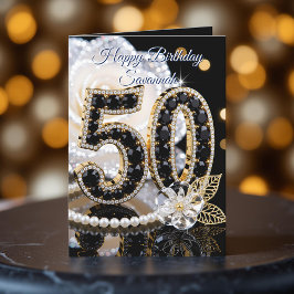 Glamorous Black Gemstone White Rose 50th Birthday カード