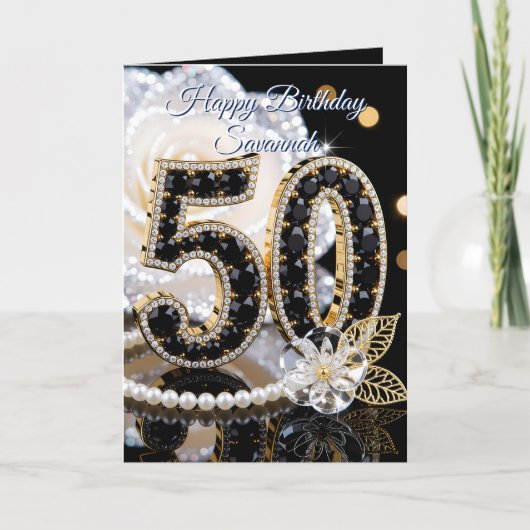 Glamorous Black Gemstone White Rose 50th Birthday カード (正面)